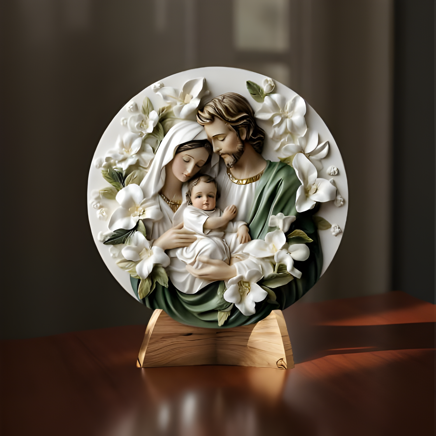 Decoração Católica Sagrada Família com Flores Brancas