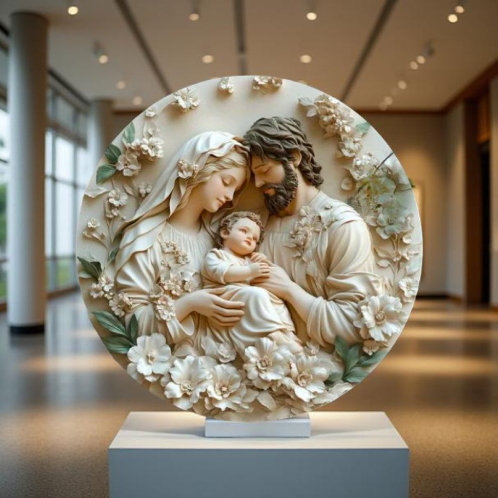 Decoração Católica Sagrada Família da Paz com Flores Brancas