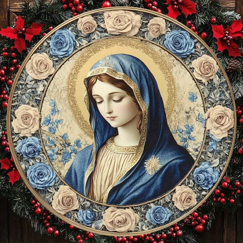 Sinal de alumínio redondo da Sagrada Mãe do Natal, perfeito para decoração de casa, escritório e cozinha, presente de feriado ideal, presente de Natal