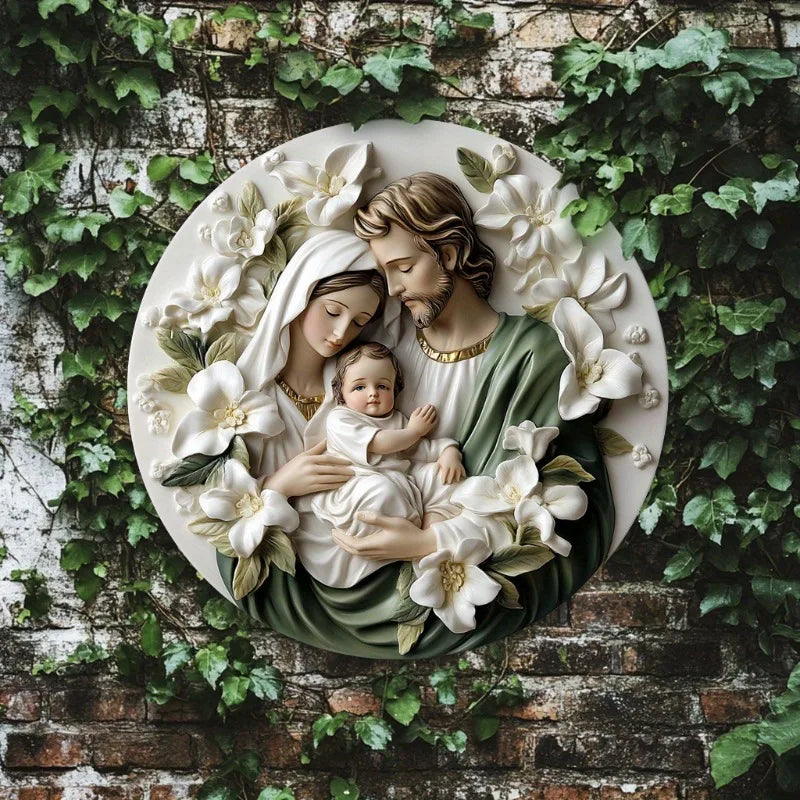 Sinal plano de metal de alumínio, sinal de guirlanda redonda com tema da cena de nascimento de Jesus, arte de decoração de parede de casa, presente de Natal ideal