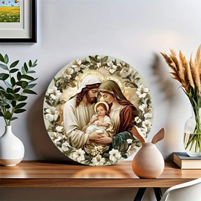 Arte de parede redonda de alumínio Holy Family", perfeita para decoração de casa e escritório, sala de estar, banheiro, quarto, garagem, bar, café
