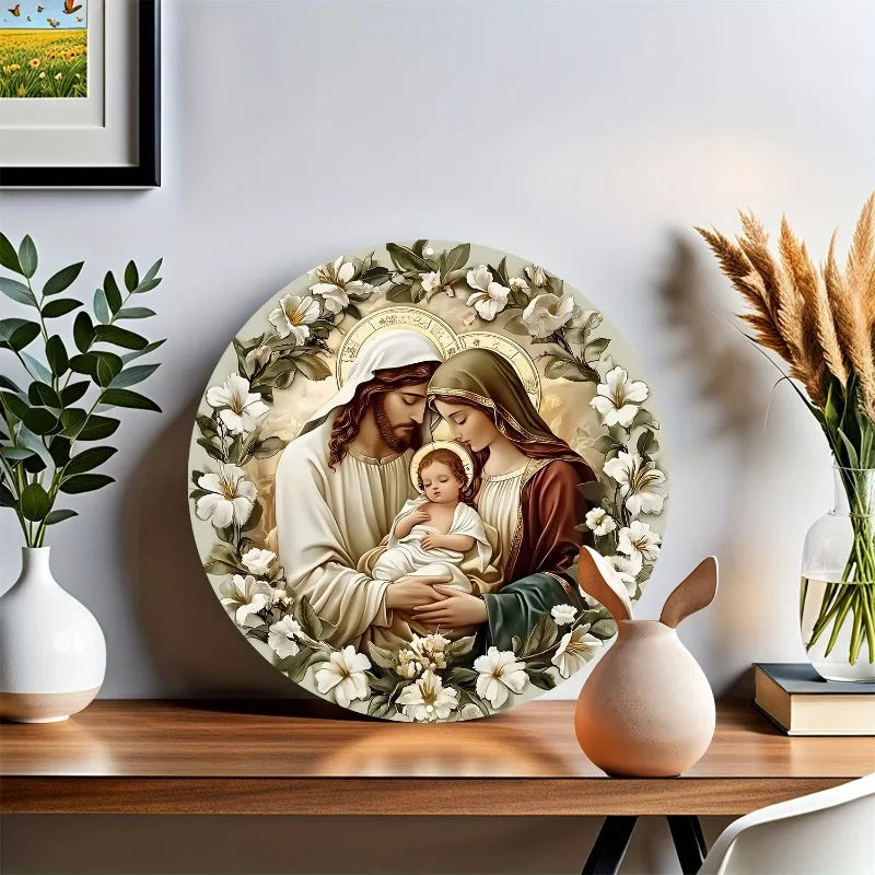 Arte de parede redonda de alumínio Holy Family", perfeita para decoração de casa e escritório, sala de estar, banheiro, quarto, garagem, bar, café