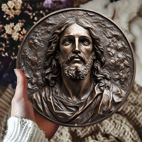 Decoração de arte de parede de metal de alumínio redonda inspirada em Art Déco, placa de tema religioso em relevo 3D, presente perfeito para casa, dormitório