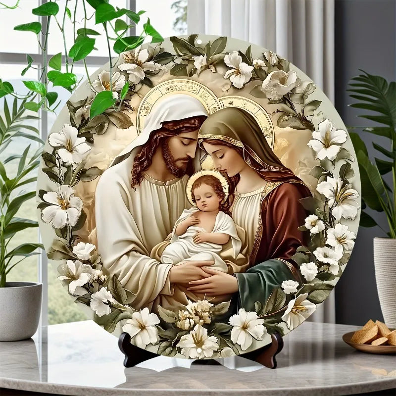 Arte de parede redonda de alumínio Holy Family", perfeita para decoração de casa e escritório, sala de estar, banheiro, quarto, garagem, bar, café