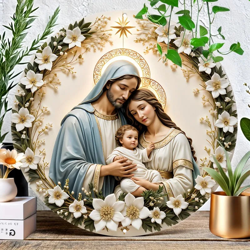 Arte de parede redonda de alumínio vibrante Joseph & Mary, decoração perfeita para casa, escritório, presente ideal para entusiastas de Jesus e cristãos