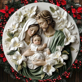 Sinal plano de metal de alumínio, sinal de guirlanda redonda com tema da cena de nascimento de Jesus, arte de decoração de parede de casa, presente de Natal ideal