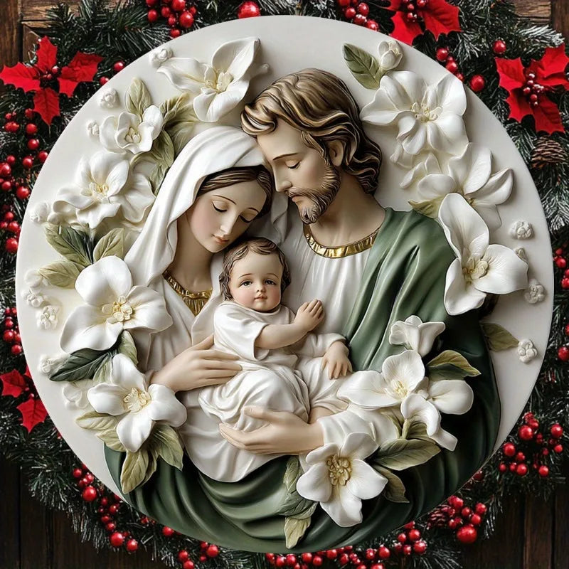 Sinal plano de metal de alumínio, sinal de guirlanda redonda com tema da cena de nascimento de Jesus, arte de decoração de parede de casa, presente de Natal ideal