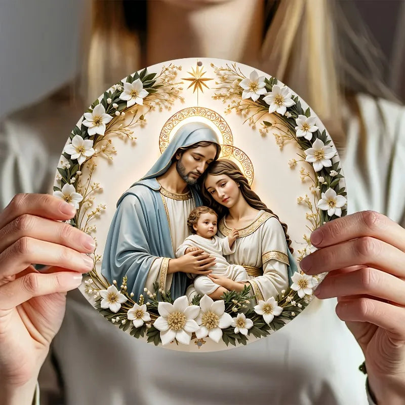 Arte de parede redonda de alumínio vibrante Joseph & Mary, decoração perfeita para casa, escritório, presente ideal para entusiastas de Jesus e cristãos